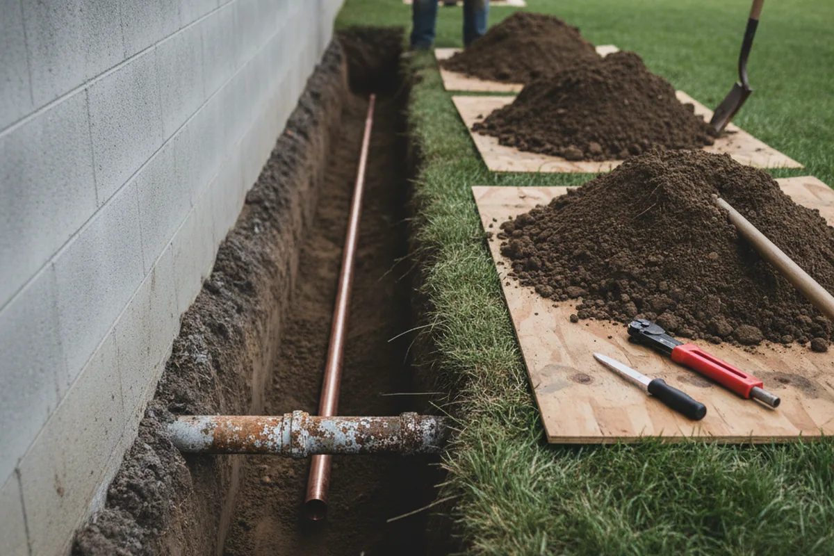 Excavated water line trench during Sewer Line Repair in Long Eddy
